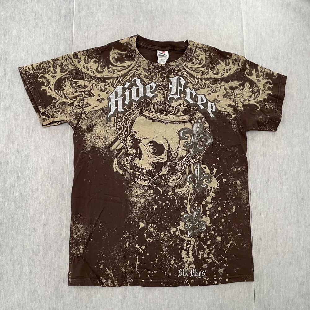Six Flags Shirt Adult Medium Brown Theme Park Ride Free King Skull Graphic Mens